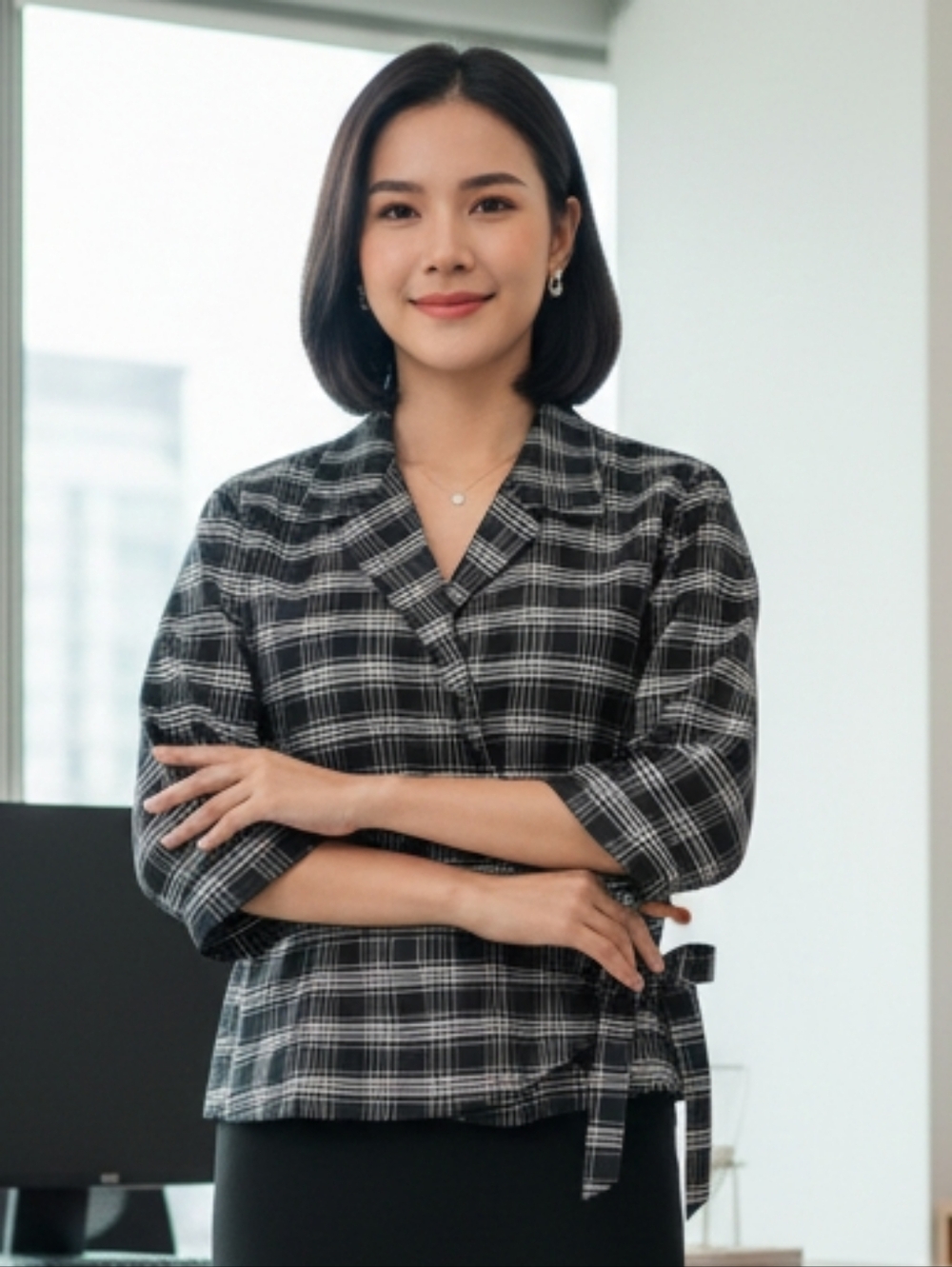 Black Plaid Wrap-Front Blouse with Side Tie Detail